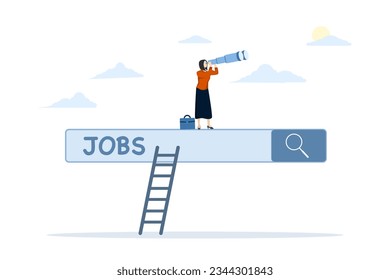 concept of looking for a new job, employment, career or job search, looking for a job vacancy or position, business woman climbing up the job search bar with binoculars to see opportunities.