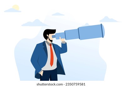 concept of looking for opportunity, business vision, direction of success or finding new employees, career future, invention or research, businessman looking through telescope or binoculars.