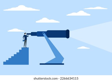 Concept of looking for opportunity, forecast and visionary, finding long term goal concept, business strategy for distant future, businessman looking through big telescope to see future.