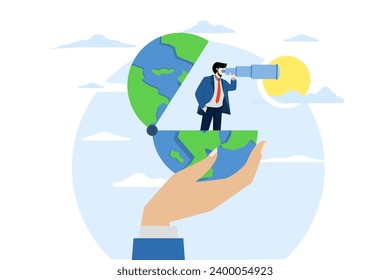 concept of looking at world economic or business opportunities, business people standing on globe using telescope to see future vision or opportunities. Globalization, global business vision.