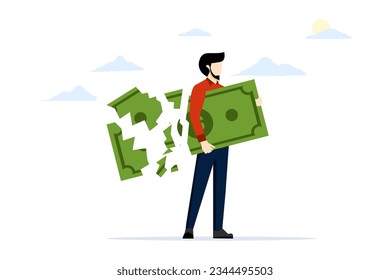 concept of losing money investing in financial crisis, gains and losses in business or deflation and inflation, businessman holding large dollar banknotes while losing, lowering the value of money.