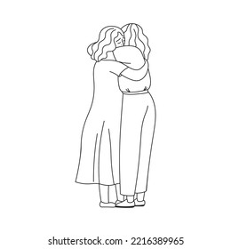 The concept of the loss of a loved one. Doodle style. Womens hug each other. Human time. Line art. Hand-drawn vector illustration. All elements are isolated.