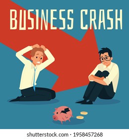 Concept of loss money due crash business, bankruptcy, failed investments or financial crisis. Poor unhappy businessmen sitting next a broken empty piggy bank. Vector illustration
