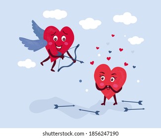 concept of love. amorous character releases an arrow of love. Two loving hearts. A romantic Valentine's Day card, and to recognize your feelings.
