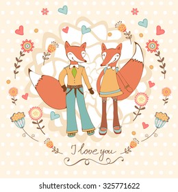 Concept love card with cute fashionable foxes couple. vector illustration