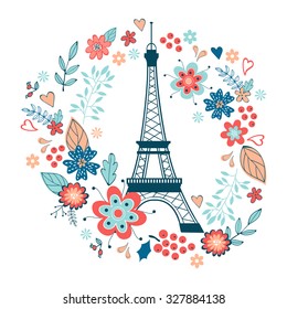 Concept love card with Eiffel tower and floral wreath. Vector illustration