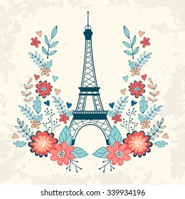 Concept love card with Eiffel tower and floral wreath. Vector illustration