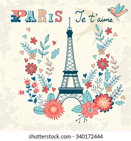 Concept love card with Eiffel tower and floral wreath. Vector illustration