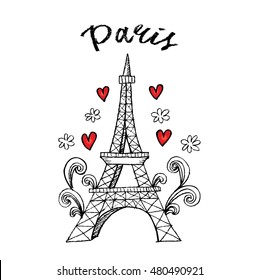 Concept love card with Eiffel tower with floral and heart.