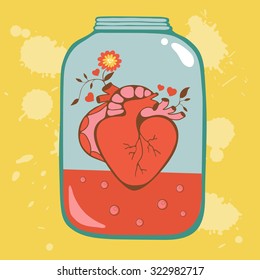 Concept love card with heart in jar. Perfect for Birthday cards, wedding or Valentines day invitations
