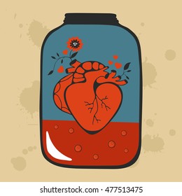 Concept love card with heart in jar