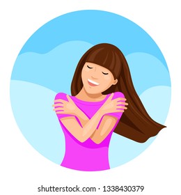 Concept of love and care by self. Happy young woman hugging herself with both hands. Vector illustration.