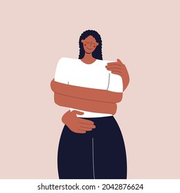 The concept of love and careful attitude to yourself. The black girl hugs herself by the shoulders. Taking care of mental and physical health. Flat illustration for social media, covers, poster.