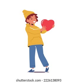 Concepto de Amor, Caridad, Gratitud, Donación. Caracter de niño sostiene un gran corazón rojo en las manos. Niño feliz con corazón aislado en fondo blanco. Ilustración de vectores de personas de caricatura