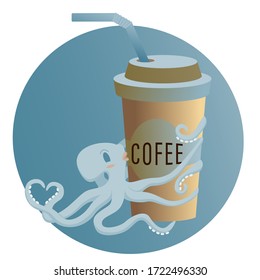 Concept I love coffee.Cute octopus hugs and kisses a glass with coffee. Trend colors.Unique creative vector illustration isolated on white background for website,advertising,postcards.