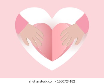 Concept Love Couple with elements hands, Heart and shapes in the frame heart. for Happy Women's, Mother's, Valentine's Day, birthday greeting card design in paper cut style in pink colors.