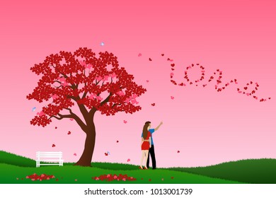 Concept of love with couple standing under the tree of heart and look to leaf fall,vector illustration for Valentine's Day