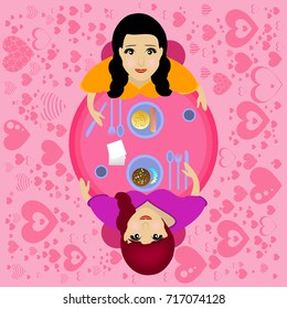Concept of love. Couple of young women, or lesbian couple, sitting at a table in a cafe for a meeting of lovers, among the hearts.