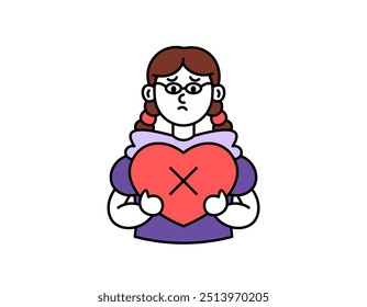 concept of love dead. no longer feel love. illustration of a woman holding a heart with a cross. sad and troubled facial expression. love or romance problems. outline style character design. elements