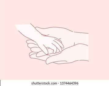 Concept of love and family. hands of mother and baby closeup. Hand drawn style vector design illustrations.