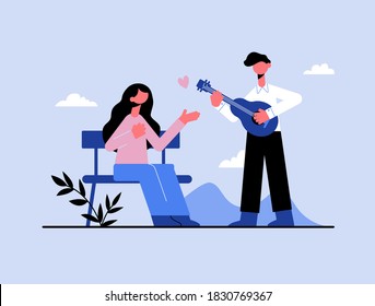 Concept of love and friendship. Vector illustration. A guy singing a serenade to a girl. 