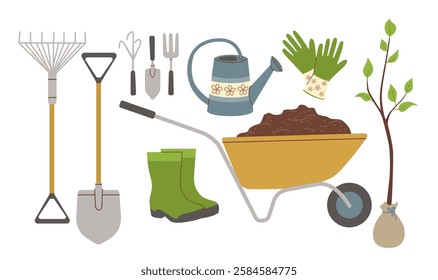 Concept of love for gardening. Composition of garden tools for planting trees. Vector flat style illustration isolated on white background