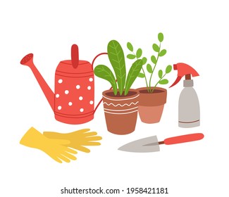 Concept of love for gardening, growing indoor potted plants, planting seedlings, taking care of the yard, farming as a hobby. Vector illustration in flat style isolated on white background.