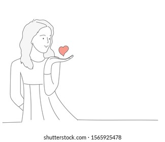 Concept of love. Girl with hearts in hand. Line drawing vector illustration.