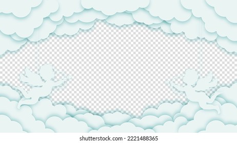 Concept love greeting card. Clouds or nubes and with amour or cupid on a transparent background. Happy Valentine's Day or Woman's Day. Vector illustration.