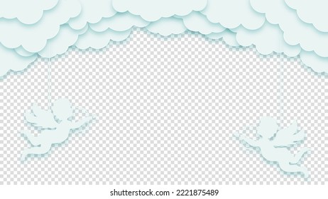 Concept love greeting card. Clouds or nubes and with amour or cupid on a transparent background. Happy Valentine's Day or Woman's Day. Vector illustration.