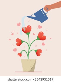 Concept of love growth up. Flower hearts shape in a pot, Watering trees concept. 