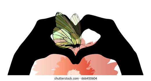 Concept of love. Hands in the shape of the heart to keep the pink heart. Illustration for your design.