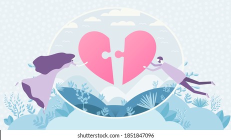 The concept of love and healthy relationships. Creating a shared future. Flat persons start a family. A heart symbol composed of a puzzle connected together. Young couple create love