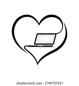 concept love of сomputer. laptop in your the heart. No life without a laptop. icon Heart and computer outline vector icon.  illustration black lines  on a white background