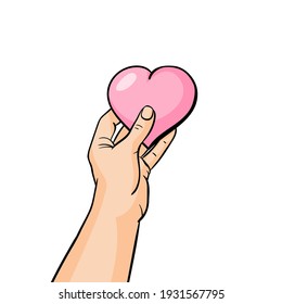 Concept of love or like. Hand of cartoon man holding heart on white background. Vector illustration
