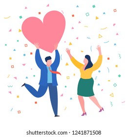 Concept of love. Man in blue clothes gives a woman a heart. Valenine day. Love and relationship. Flat design, vector illustration.