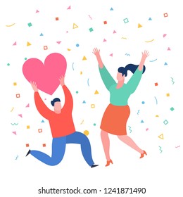 Concept of love. Man in red clothes gives a woman a heart. Valenine day. Love and relationship. Flat design, vector illustration.