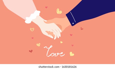 Concept of love. Men and Women holding hands decor with hearts. Vector illustration.