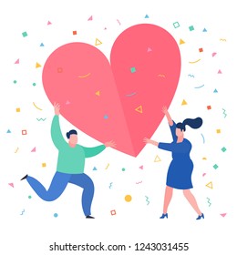 Concept of love. Mini people with big red heart in hands. Man and woman hold heart. Valenine day. Love and relationship. Flat design, vector illustration.