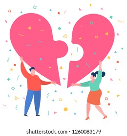 Concept of love. Mini people with big red heart in hands. Man and woman hold heart puzzle piece. Valenine day. Love and relationship. Flat design, vector illustration.