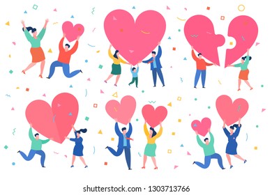 Concept of love. Mini people with big red heart in hands. Man and woman hold heart. Valenine day. Love and relationship. Flat design, vector illustration.