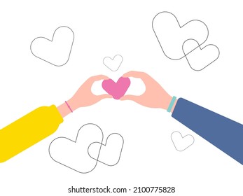 Concept of love. Mini people with big red heart in hands. Man and woman hold heart. Valenine day. Love and relationship. Flat design, vector illustration.