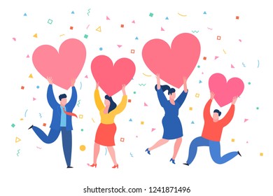 Concept of love. Mini people with red hearts in hands. Men and women hold hearts. Valenine day. Love and relationship. Flat design, vector illustration.