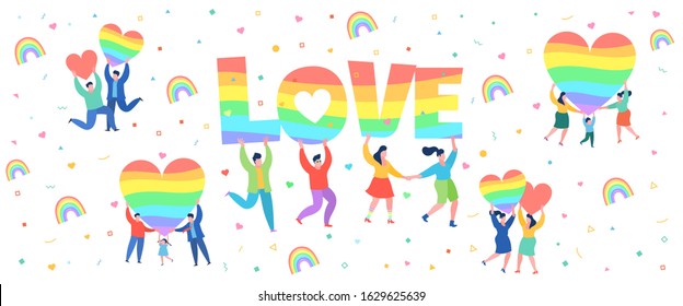 Concept of love. Mini people with red hearts in hands. Men and women holding heart and word Love. Gay marriage. LGBT. Valentine day. Love and relationship. Flat design, vector illustration.