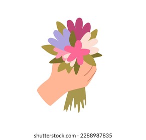 Concept Love moments hand bouquet flowers. This flat vector cartoon design captures the concept of a love moment with a hand bouquet of flowers on a white background. Vector illustration.