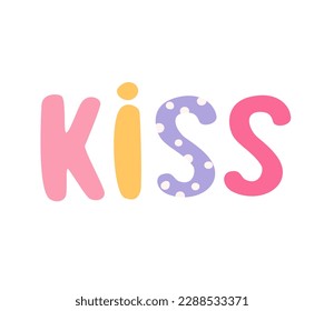 Concept Love moments kiss title. The illustration is a flat vector cartoon design of moment, featuring a couple sharing a kiss. The title kiss is written in bold letters. Vector illustration.