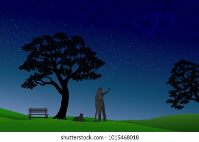 Concept of love at night,Valentine's Day with couple standing on grass and looking to stars on the sky,vector illustration