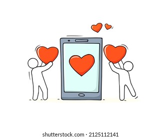 Concept of love, online dating, romance chat in mobile phone. Vector hand drawn illustration with doodle people hold red hearts and smartphone. Sketch of Valentine day in social media