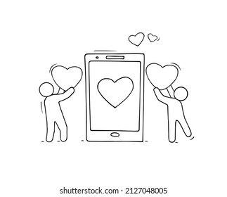 Concept of love, online dating, romance chat in mobile phone. Vector hand drawn illustration with doodle people hold red hearts and smartphone. Sketch of Valentine day in social media