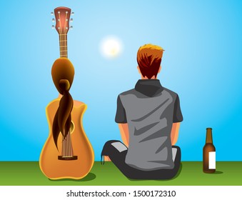 concept of love in the passion of music, seems guitar in the form of life partner while drinking beer in vector illustration